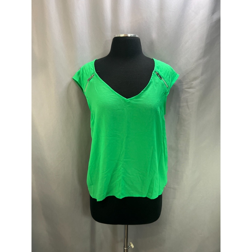 Guess Blouse Women Small Green Quilted Zip Shoulder Cap Sleeve Curved Hem V Neck